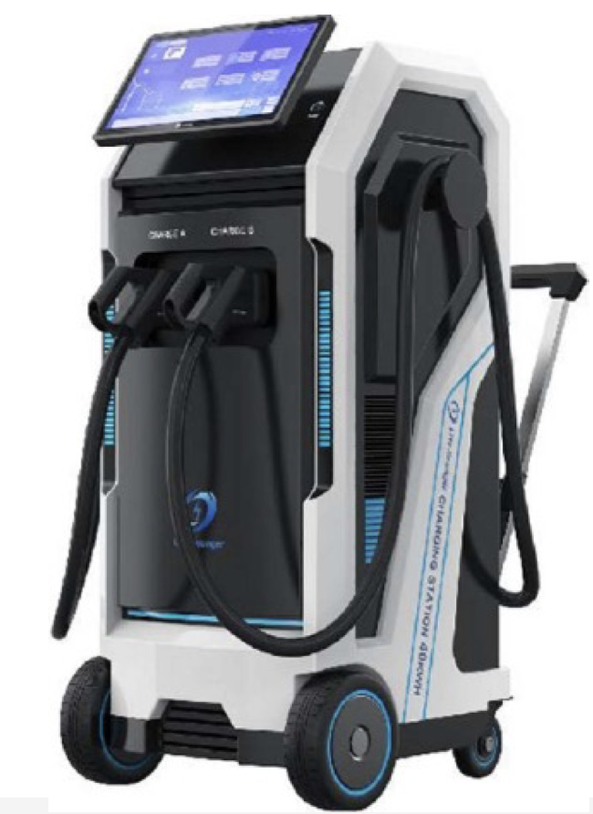 Compact portable DC fast charger on wheels with large touchscreen and dual charging guns