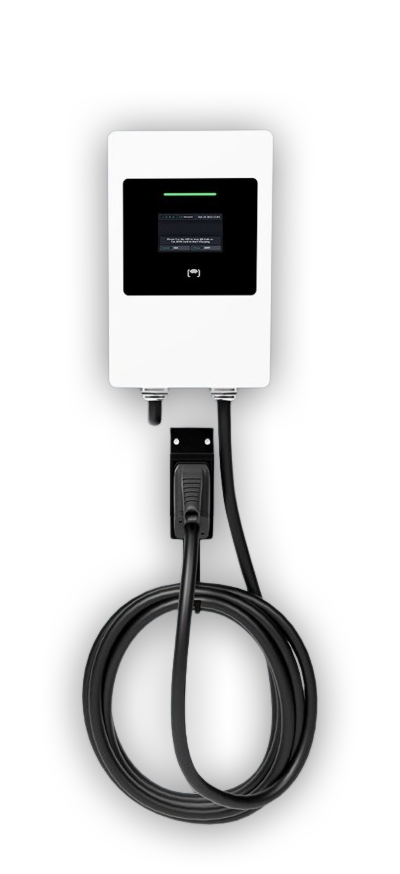 QCharge Compact DC charger with white front panel, display and coiled cable